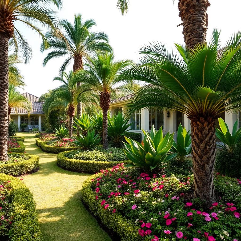 Manicured tropical garden with palms and flowering plants